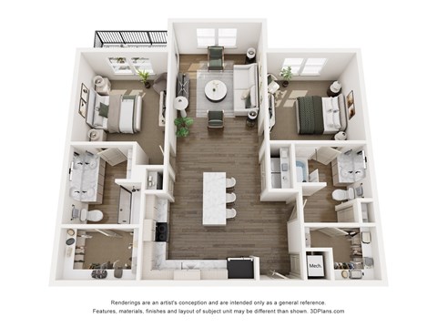 Floor plan for 2 beds, 2 baths, 1175 sqft